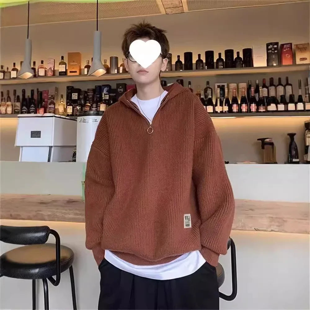 Men's Knitted Sweater™ Casual V-neck Half-zip Loose Hooded Sweater