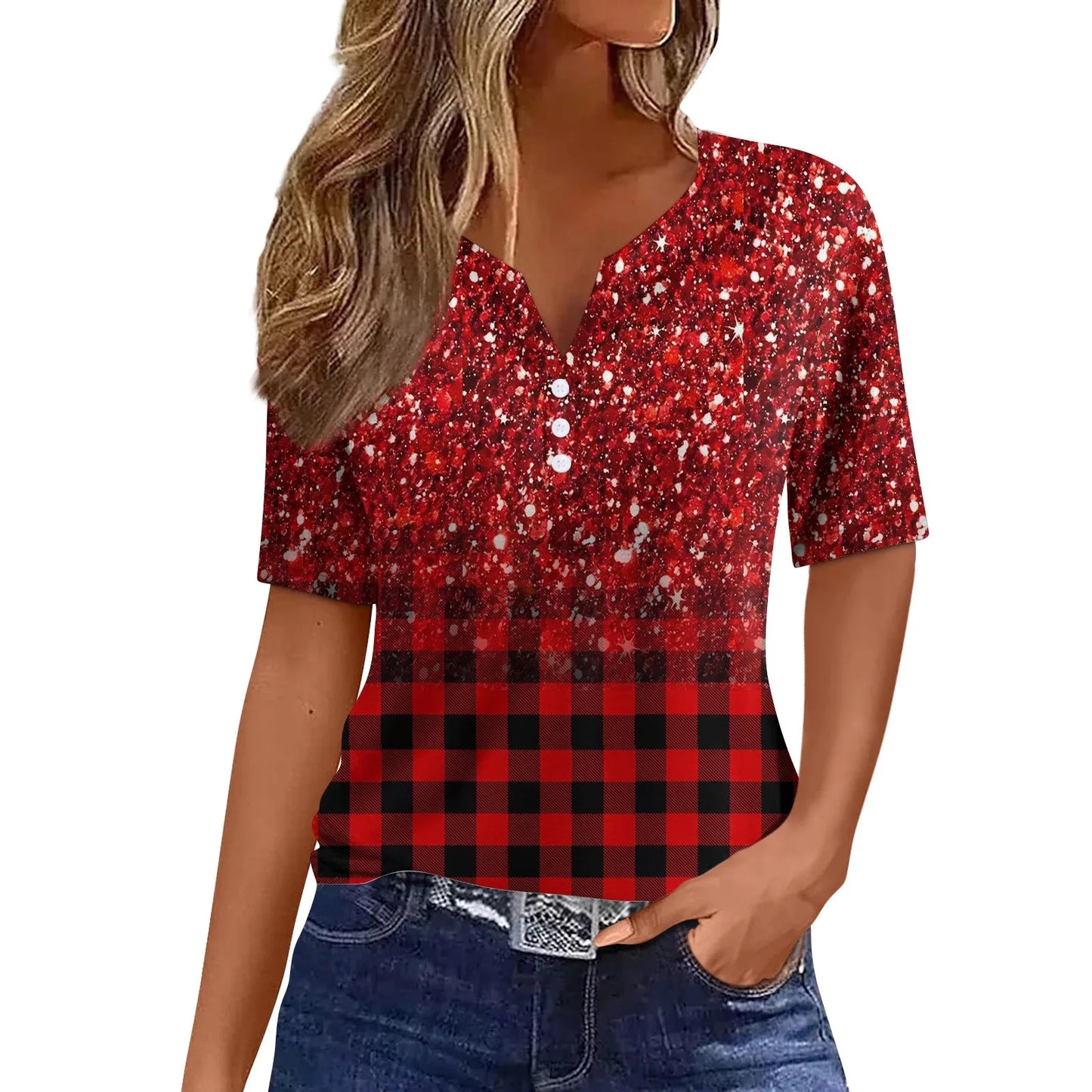 Women's Summer Patchwork T-Shirts™ Short Sleeve Loose Ladies V-Neck Tops