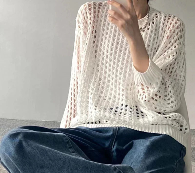 HELIAR Women's Hollow Out T-shirts™ Long Sleeve O-Neck Loose Casual Knit Sweater