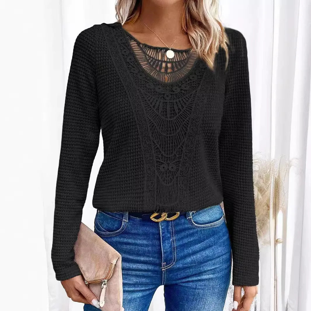 Women's T-Shirt™ Solid Crew Neck Cut Out Ribbed Long Sleeve T-Shirt