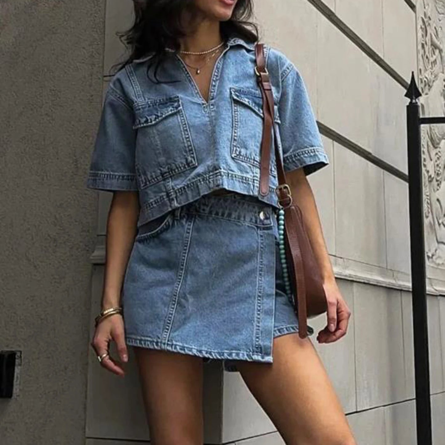 Women's Denim 2 Piece Set™ Short Sleeve Jean Tunic Tops Irregular Hem Mini Skirt Shorts Set