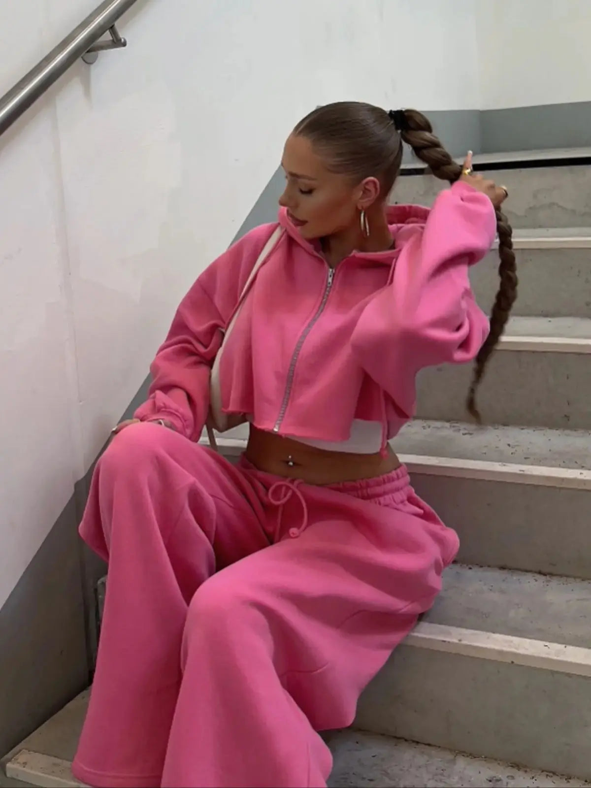Women's Two Piece Set™ Zip Up Crop Drawstring Long Sleeve Hoodie &Drawstring Waist Sweatpant