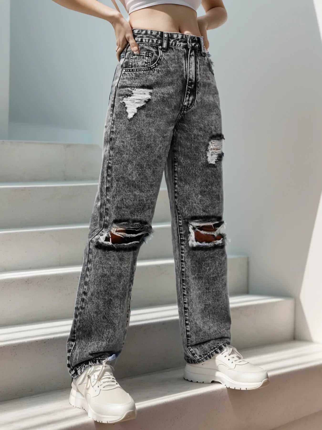 Women's Long Pants™ Hole Punch Casual Denim Trousers