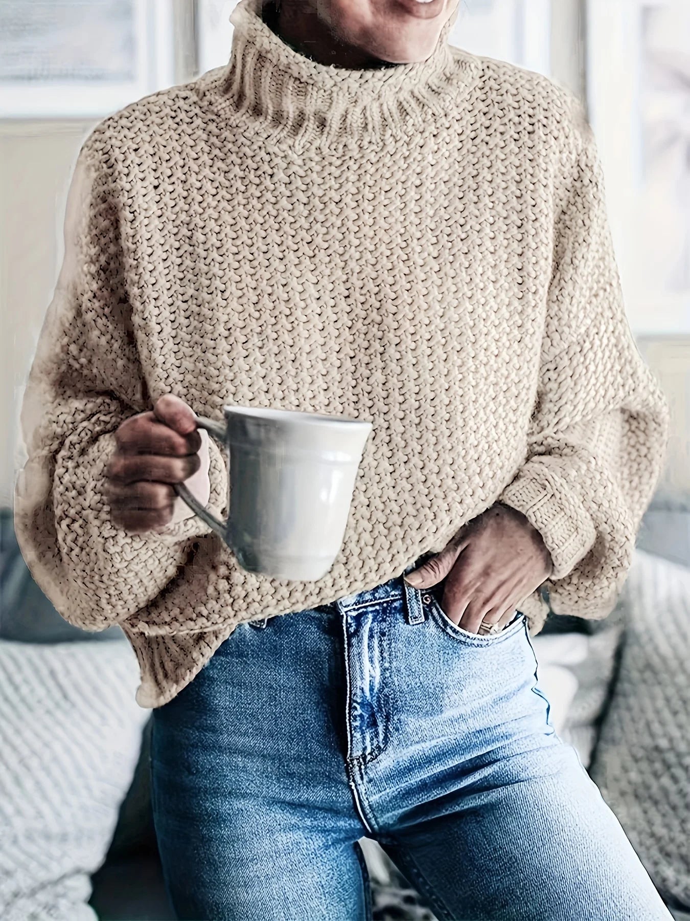 Women's solid color pullover™ casual high neck lantern sleeve woolen tops