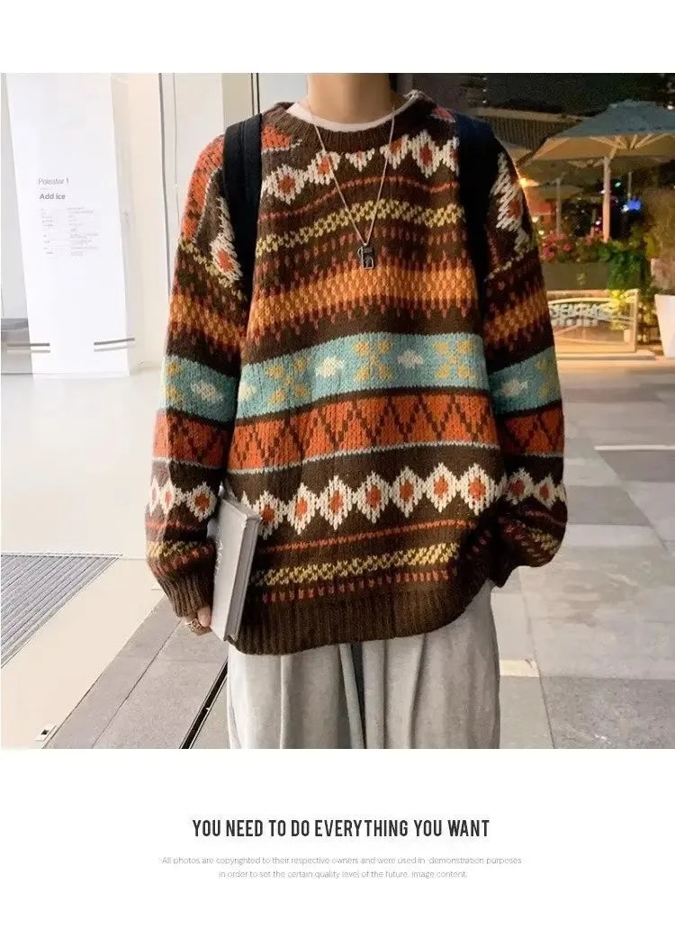 Men's Vintage Sweater™ Trendy Ethnic Striped Loose-Fit Knitted Crew Neck Idle Style Sweater