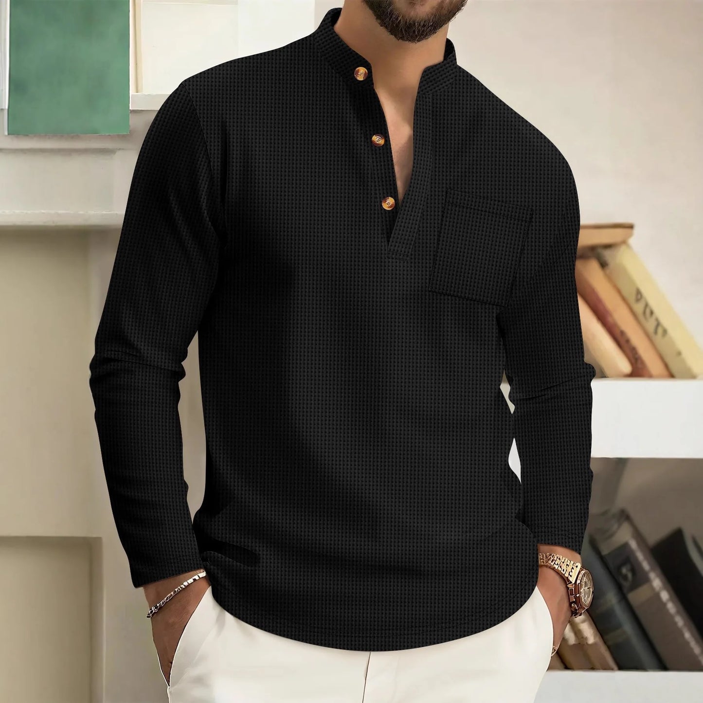 Men's casual waffle check long-sleeved shirt™ stand-up collar button semi-cardigan