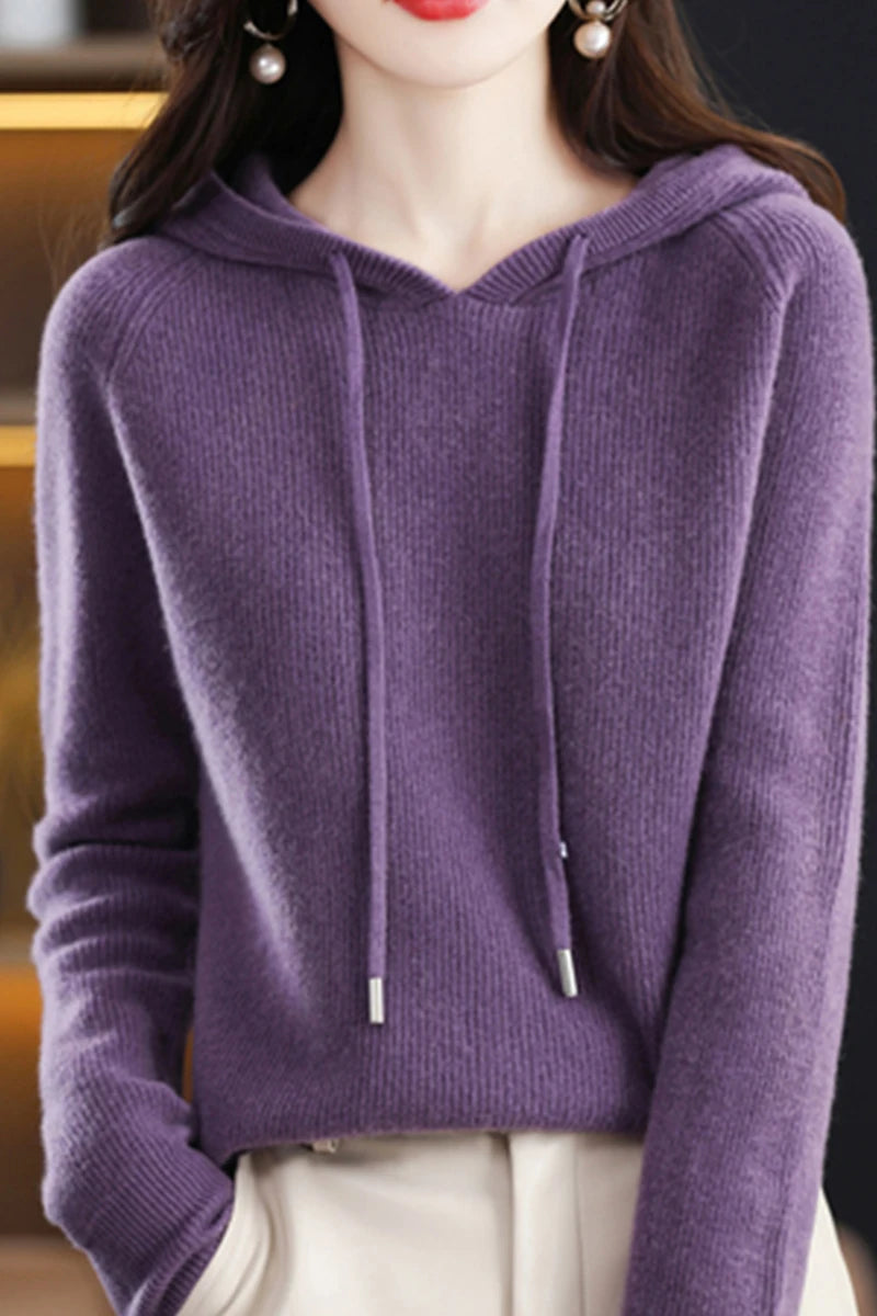 Women's Knitted Cashmere ™ Wool Sweater Hooded Neck Long Sleeve Pullover