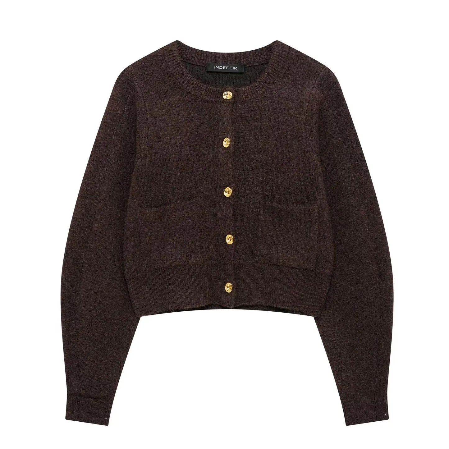 TRAFZA Women's Knitted Brown Suit™ Buttons Pocket Cardigan Sweater and Elastic Waist Slim Mini Skirt