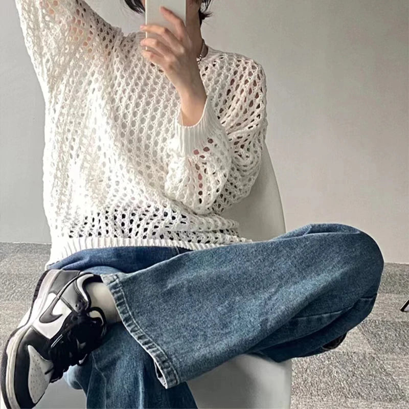 HELIAR Women's Hollow Out T-shirts™ Long Sleeve O-Neck Loose Casual Knit Sweater