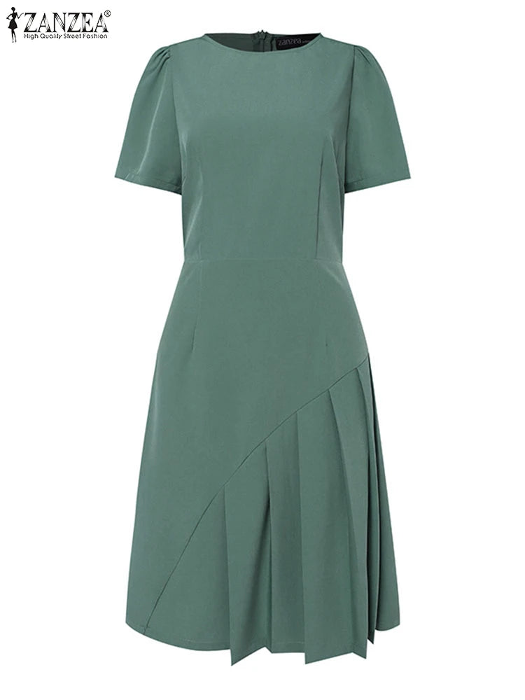 Women's ZANZEA Summer Elegant OL Work Dress™ Short Sleeve A Line Solid Pleated Dresses