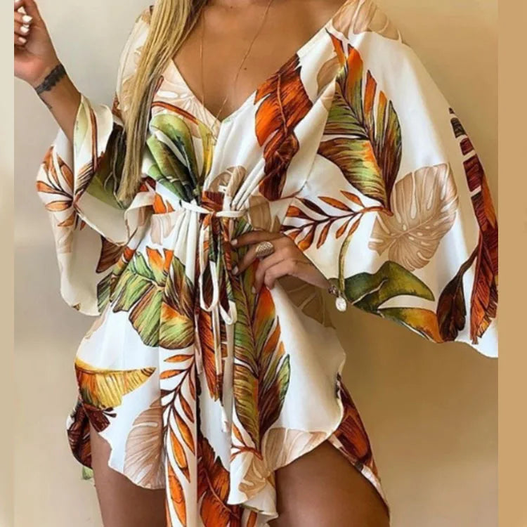 Women's Print V-Neck Bat Sleeve Ruffe Dress™ Flowers Print Bohemian Beach Mini Dresses