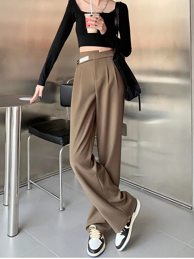 Women's High-Waisted Draped Bell Bottom Trousers™ Loose-Fit Floor-Length Straight-Leg Pants