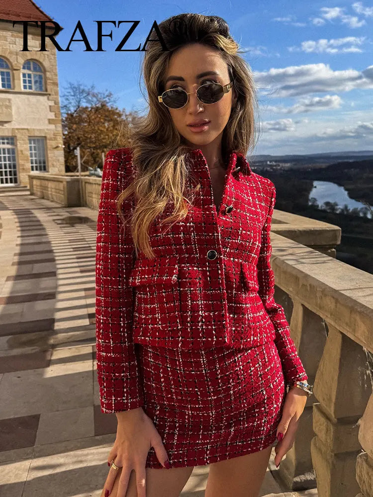 Women's Skirt Suit™ TRAFZA Single Breasted Lapel Jacket Side Zipper Shorts Skirts Outfit Set