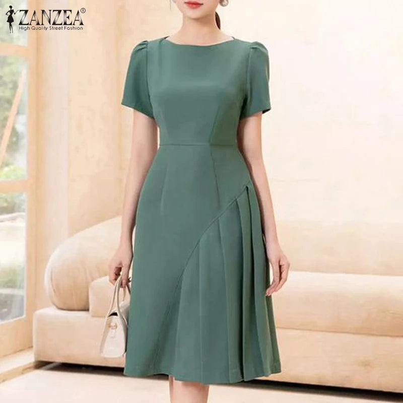 Women's ZANZEA Summer Elegant OL Work Dress™ Short Sleeve A Line Solid Pleated Dresses