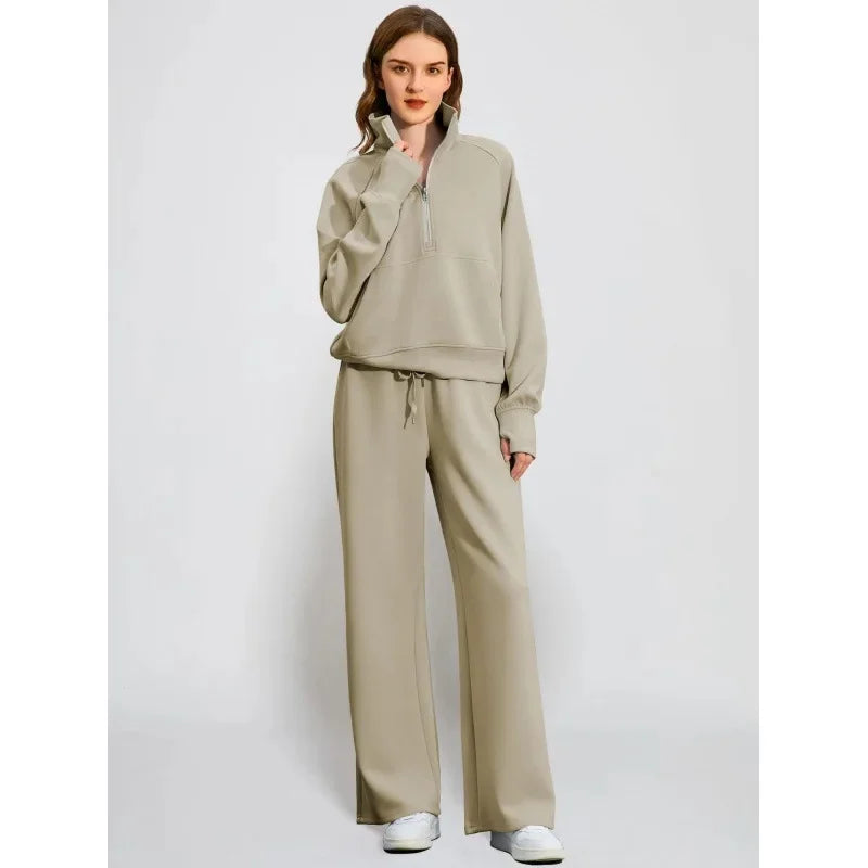 Women's European Style 2-Piece Set™ Zip Up Polo Shirt Wide Leg Sweatpants Casual Suit