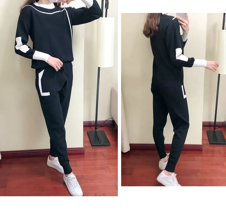 Women's Knitted Suit™ Autumn 2 Pieces Set Knitted Long Sleeve Pullovers Sweater Casual Patchwork Fashion Tops and Pants Suit