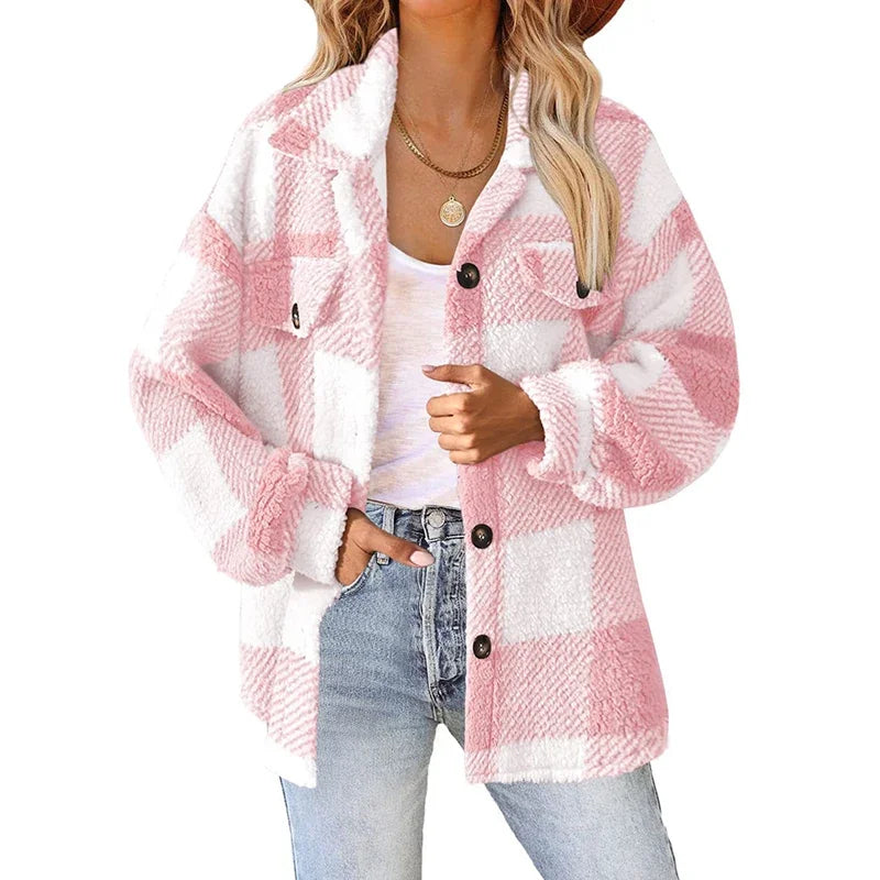 Women's Plaid Pattern Plush Coat™ Cardigan Fashion Loose Long Sleeve Jacket