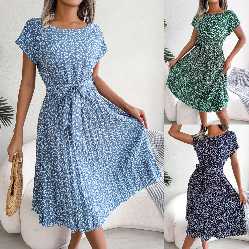 Women Dresses™ Spring Summer Short Sleeve High Waist Floral Pleated A Line Long Dress
