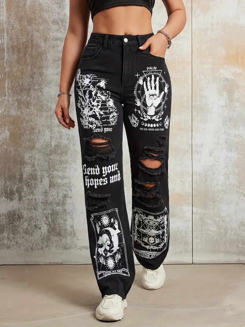 Women's Jeans™ Print Ripped Straight Jeans