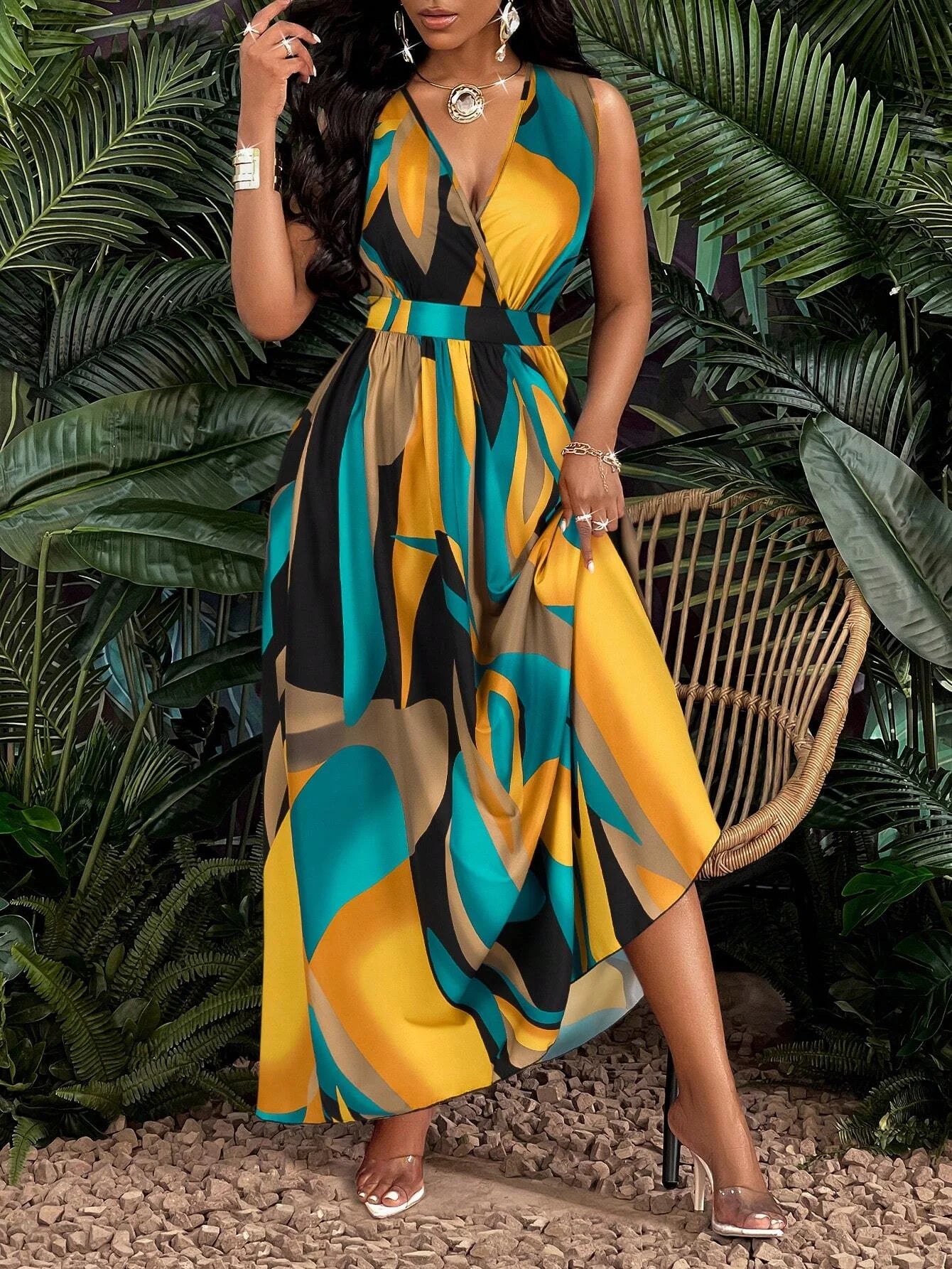 Women's Print V-Neck Long Dress™ Knit Fit And Flare Maxi Dress