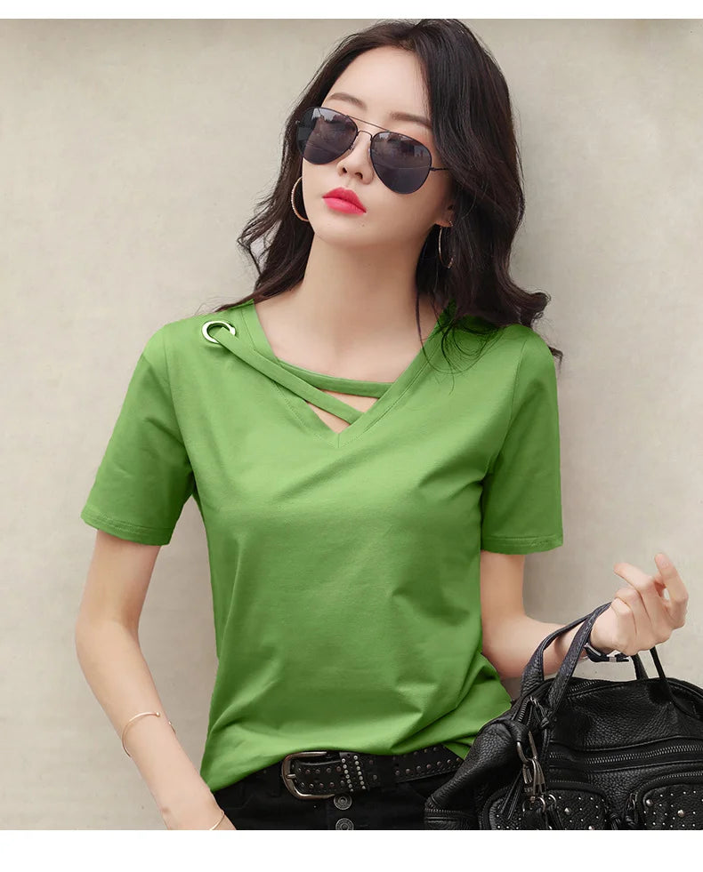 Women Short Sleeve Heart-neck T-shirt™ Half-sleeve Loose Tops