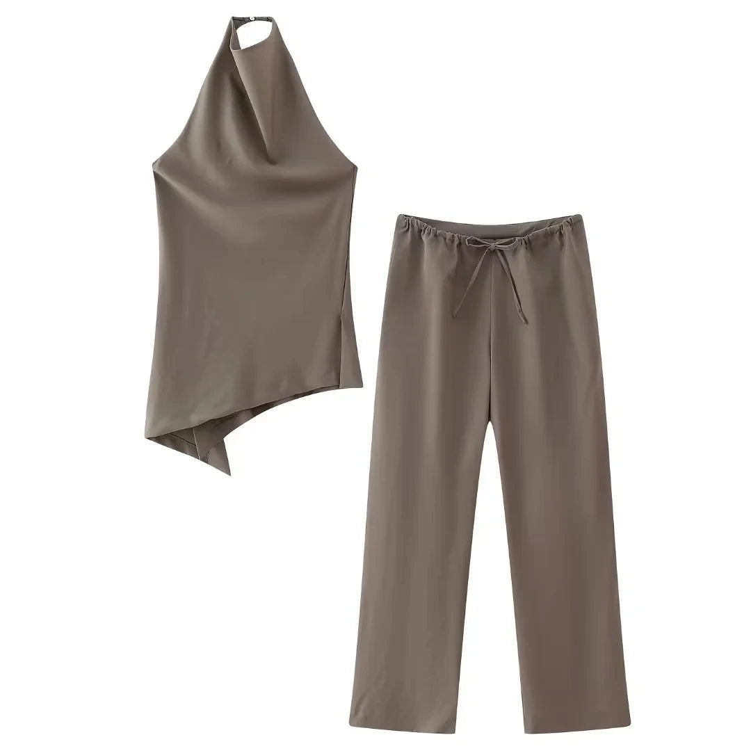 Women's TRAFZA Women Vintage Suits™ Backless Halter Asymmetric Tank Top + Drawstring Trousers