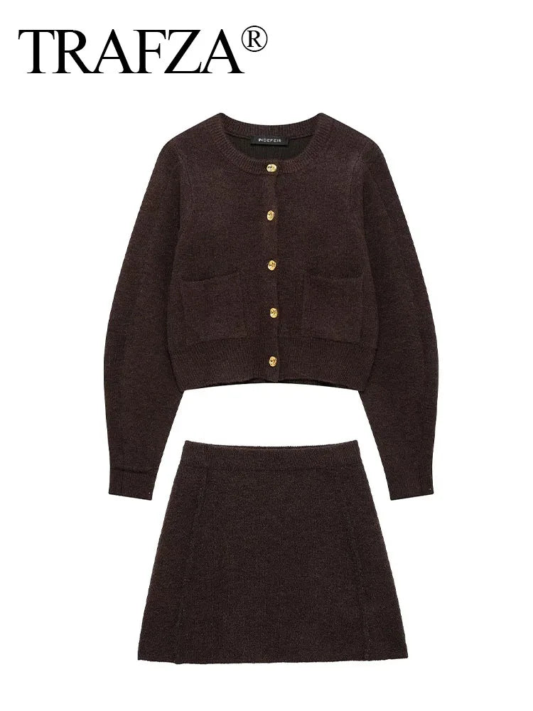 TRAFZA Women's Knitted Brown Suit™ Buttons Pocket Cardigan Sweater and Elastic Waist Slim Mini Skirt