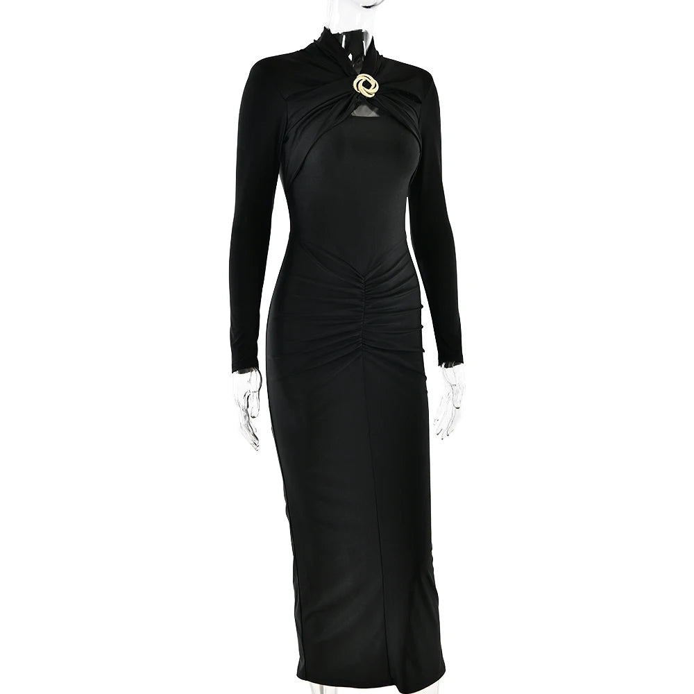 Women's Articat Tight Long Dress™ Elegant Long Sleeved Elastic Bodycon Pleated Hollowed Out Slim Dress