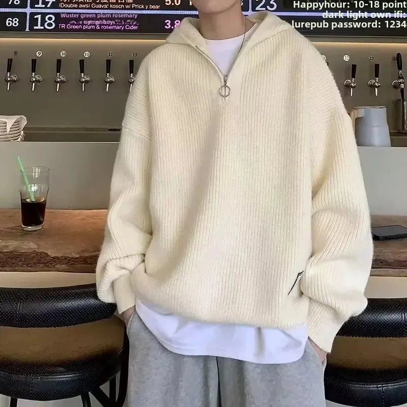 Men's Knitted Sweater™ Casual V-neck Half-zip Loose Hooded Sweater