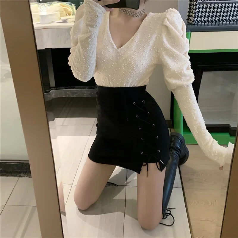 Women's Shorts Skirts™ High-waisted Slimming A- line Black Cross-body Tied Irregular Short Skirt