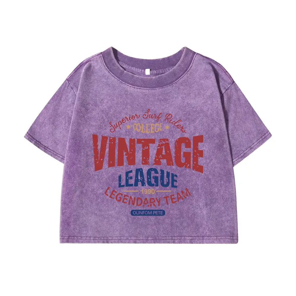 Women's Cotton Crop Washed T-Shirts™ Vintage League Letter Prints Short Sleeve Loose Tops