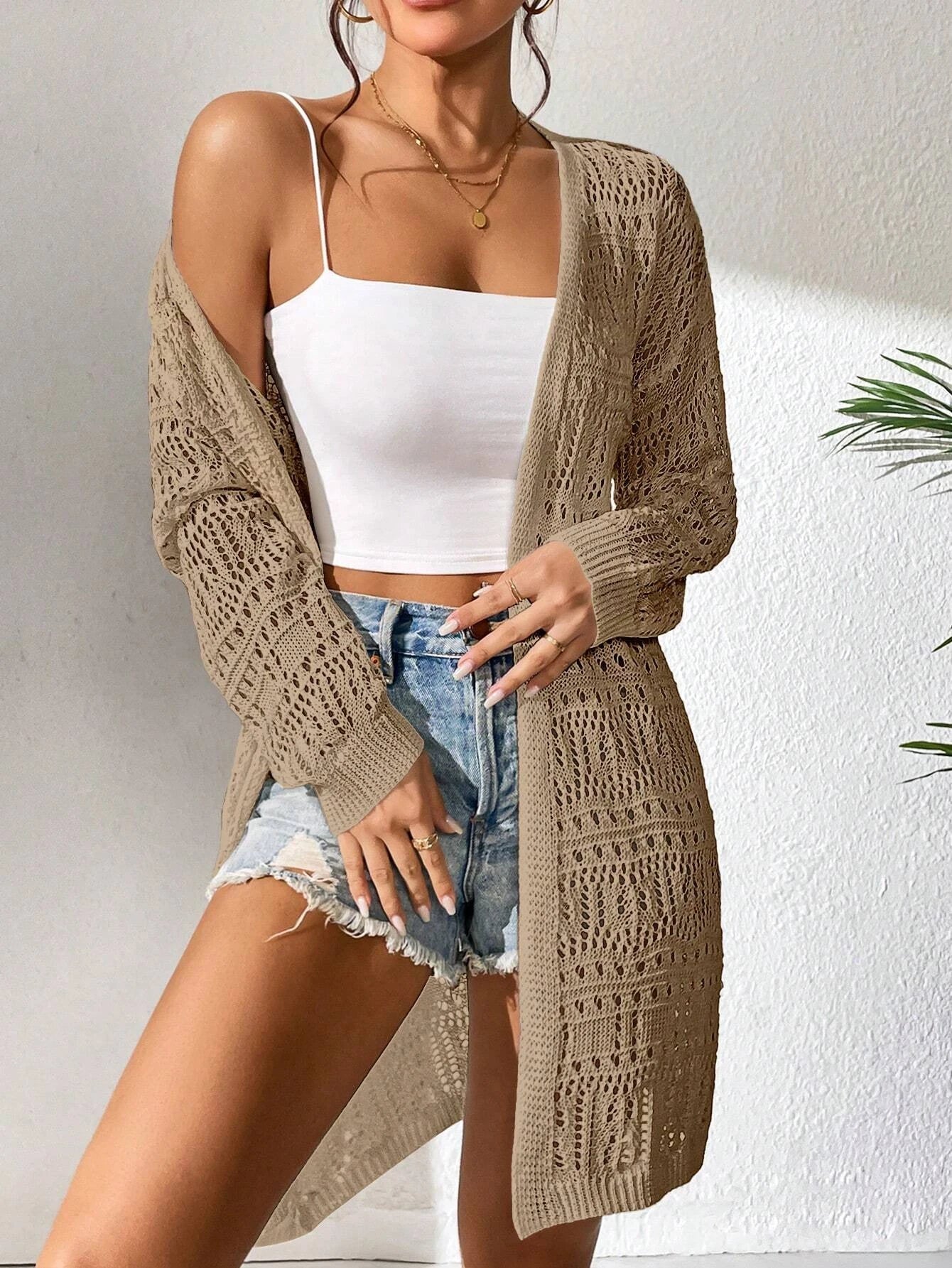 Women's solid color knitted cardigan sweater™ loose fitting fashion mid length cardigan