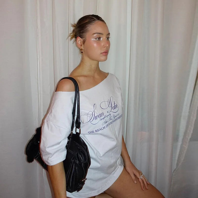 Women's Summer T-Shirt™ Letter Print Graphic Oversized One Shoulder Tops