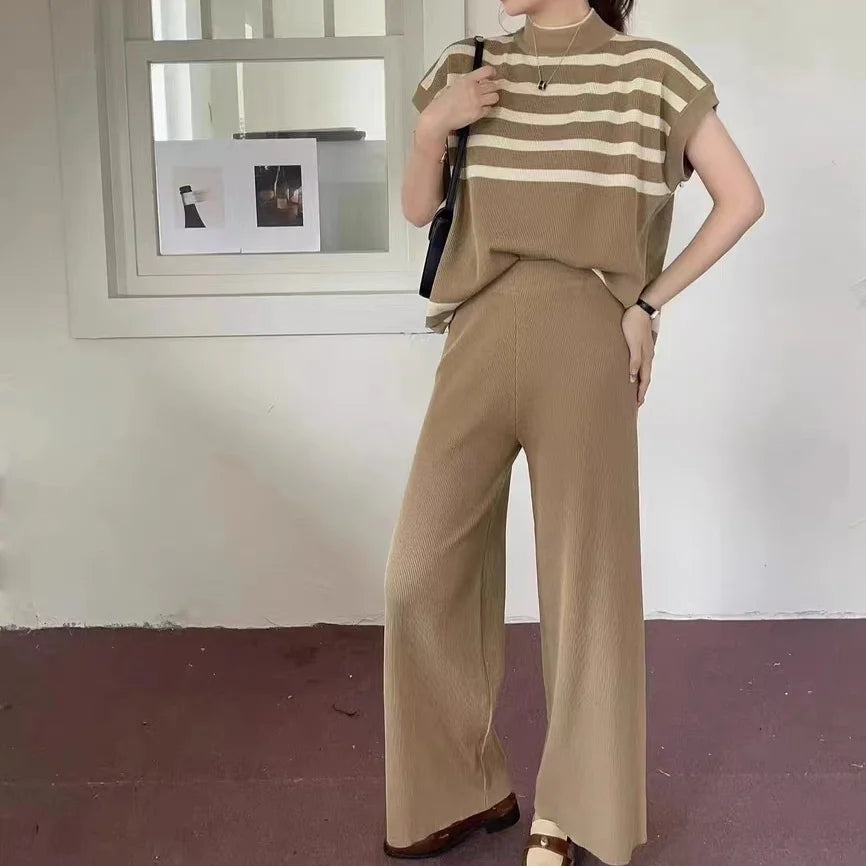 Women's Summer Suit™ 2 Pieces Set O-Neck Sleeves Tank Top Stripe Sweater Wide Leg Pant Set Outfit