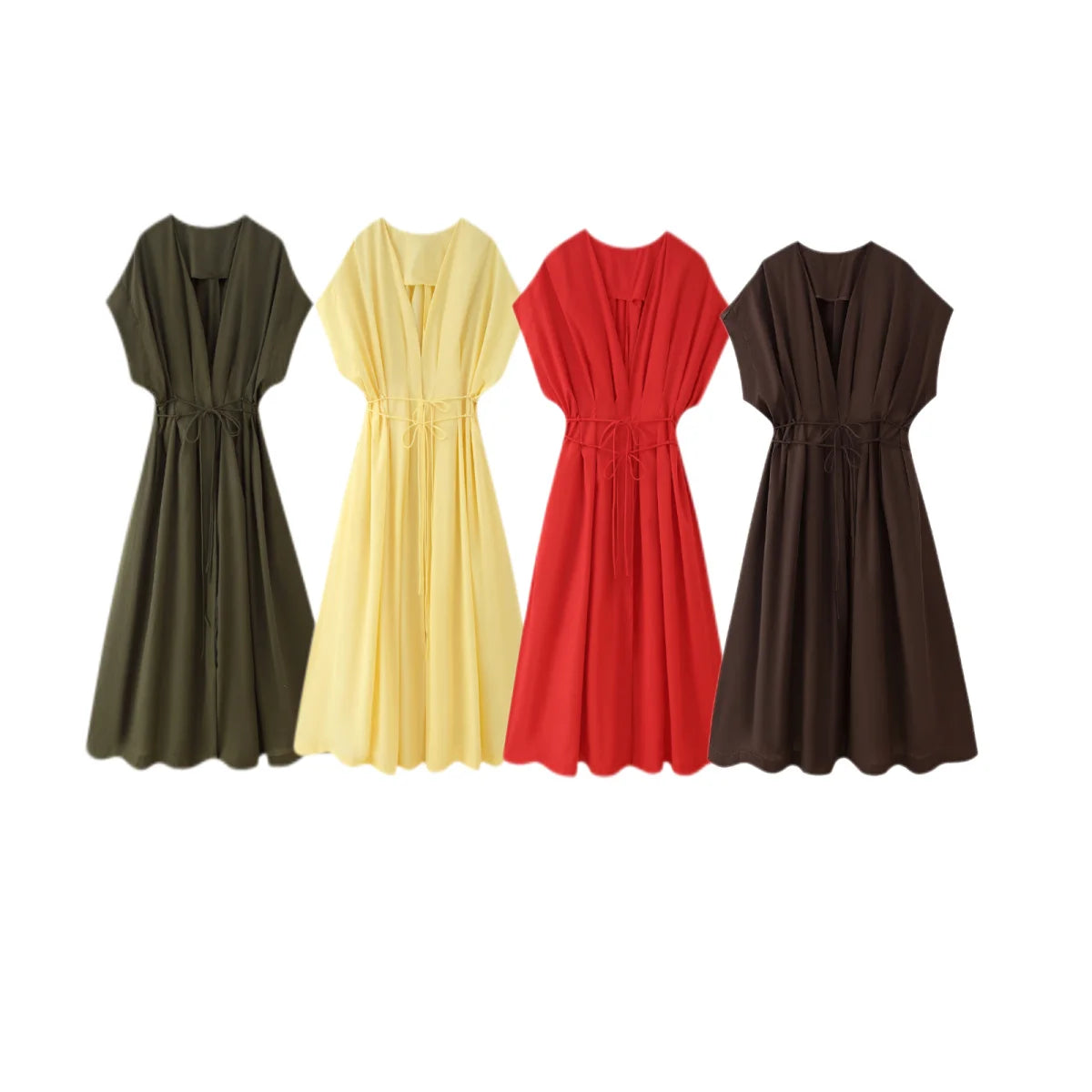 Women's Dresses™ TRAFZA Vintage Fashion Single Breasted Sashes Draped V Neck Sleeveless Dresses