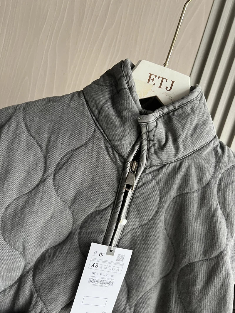 ZW Women's Cotton Jacket™ Traf New Arrival Vintage Lensing Rayon High Collar Large Pocket Quilted Coat