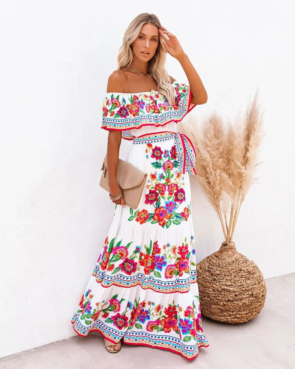 Women's Spring Summer Dresses™ Stand Off-shoulder Red Flower Printing Long Oversized Wide Hemline Sleeveless Dress
