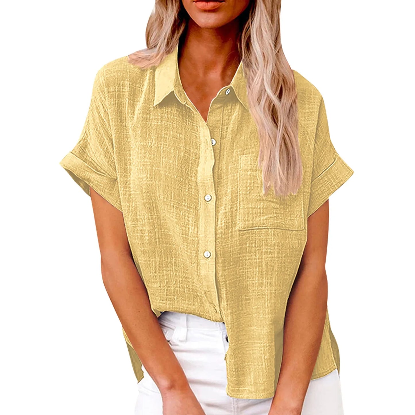 Women's Cotton Linen Classic Shirts™ Short Sleeve Lapel Button Down Shirt