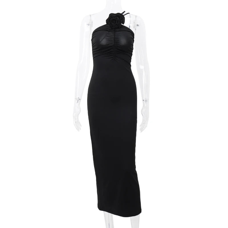 Women's Solid Sleeveless Slim Dress Aesthetic Oblique Strap Backless Prom Dresses