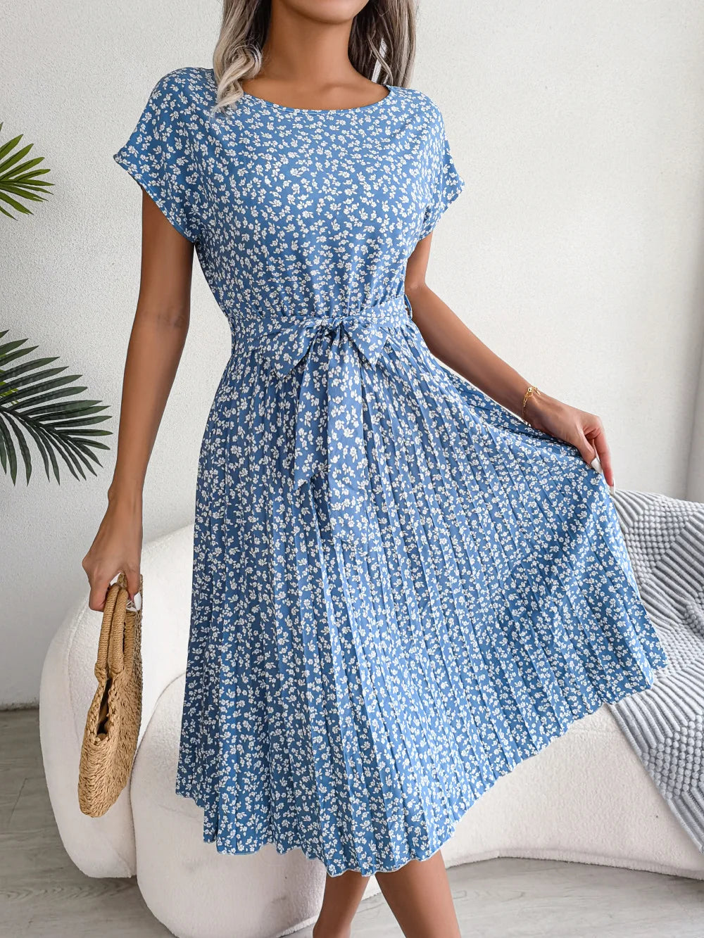 Women Dresses™ Spring Summer Short Sleeve High Waist Floral Pleated A Line Long Dress
