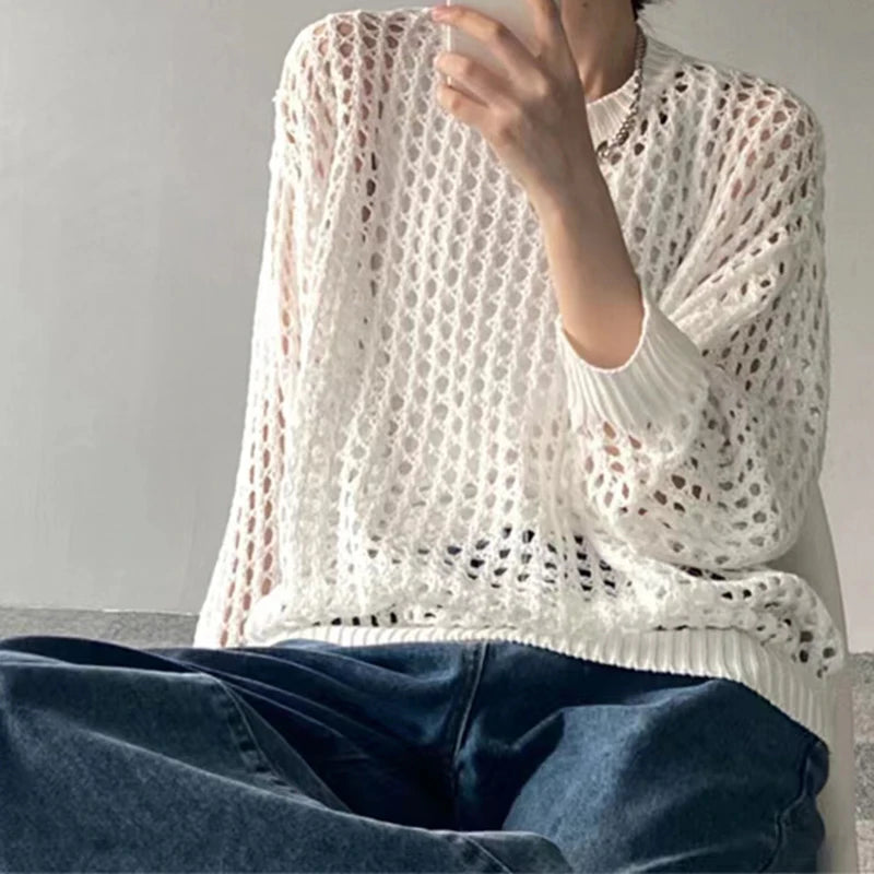 HELIAR Women's Hollow Out T-shirts™ Long Sleeve O-Neck Loose Casual Knit Sweater