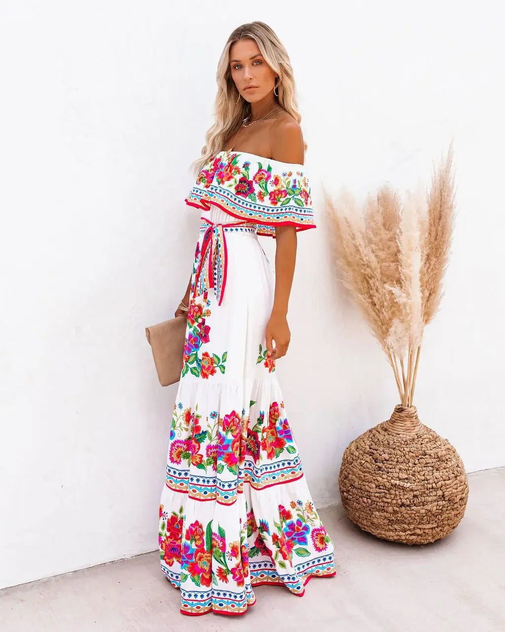Women's Spring Summer Dresses™ Stand Off-shoulder Red Flower Printing Long Oversized Wide Hemline Sleeveless Dress