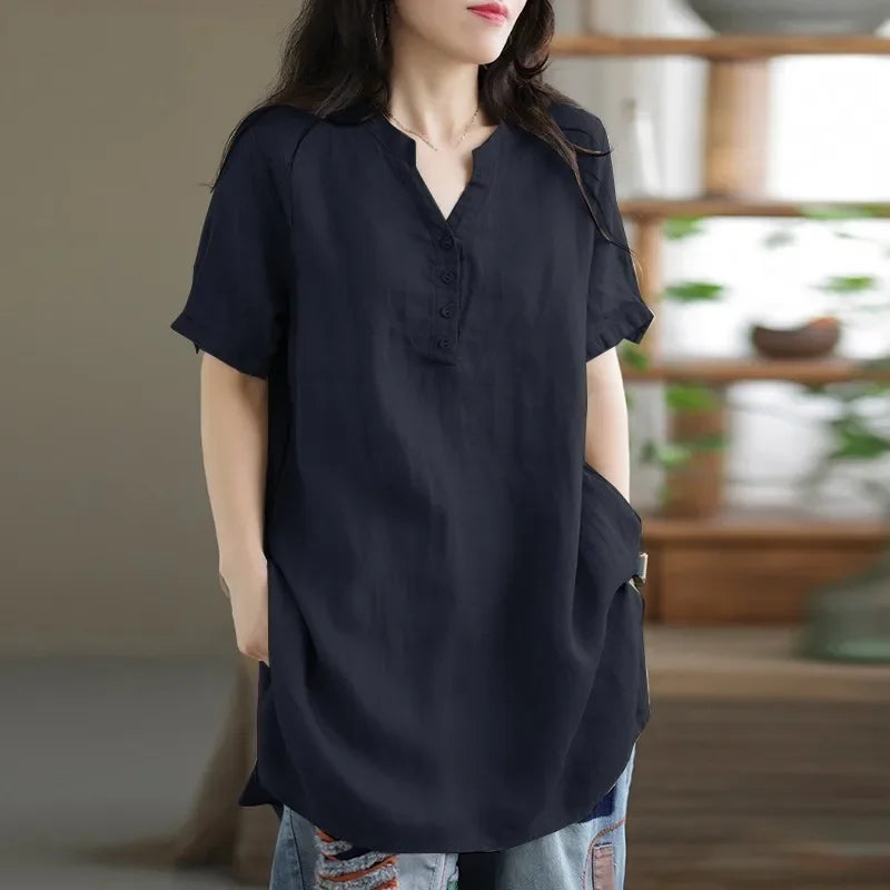 Women's Cotton and Hemp Shirt™ Commuting Style Casual Half Open Short Sleeve Shirt
