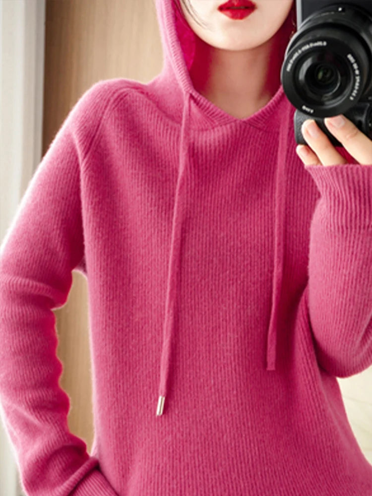 Women's Knitted Cashmere ™ Wool Sweater Hooded Neck Long Sleeve Pullover