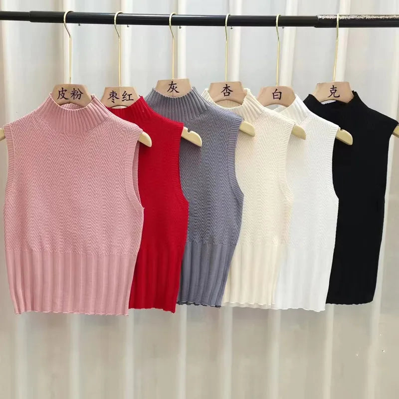 Women's HELIAR Summer Knitted Tank Tops™ Solid Sleeveless Half High Collar Slim Base T-Shirts