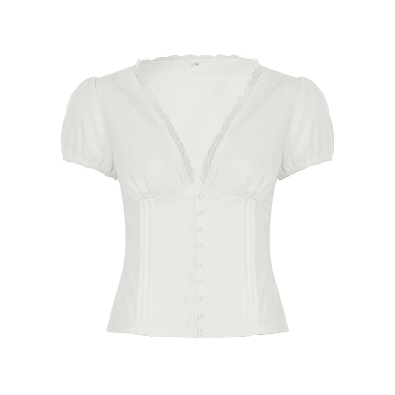 Women's Summer T-Shirt™ V-neck Lace Patchwork French Style Puff Sleeve White Blouse Y2K Aesthetics Cute Tops