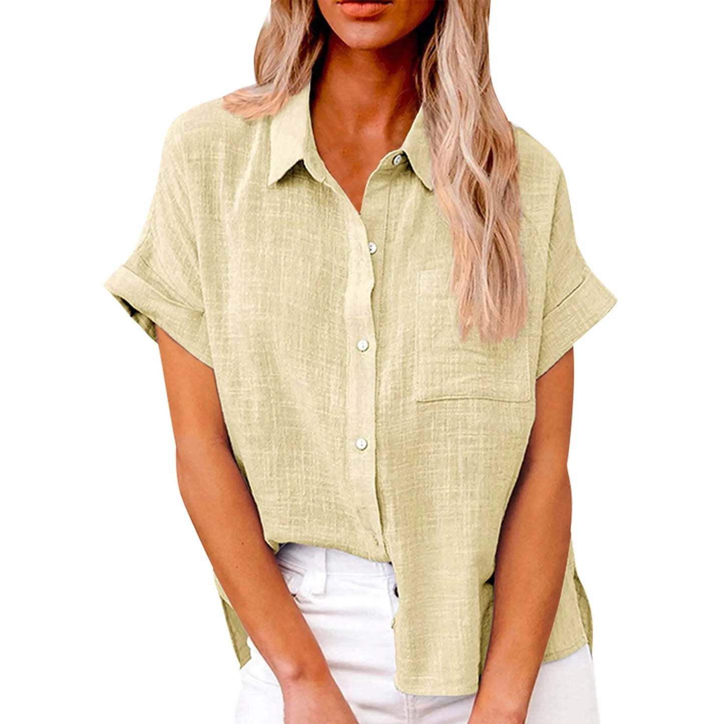 Women's Cotton Linen Classic Shirts™ Short Sleeve Lapel Button Down Shirt