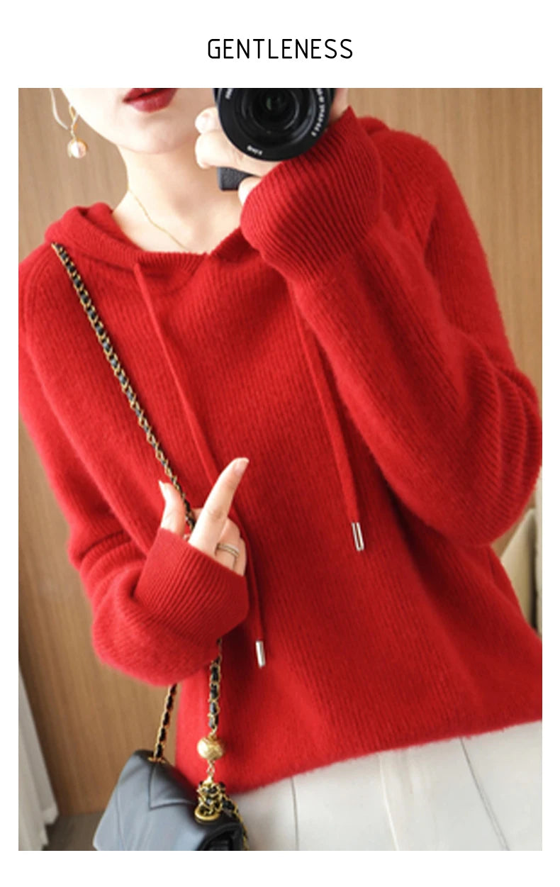 Women's Knitted Cashmere ™ Wool Sweater Hooded Neck Long Sleeve Pullover
