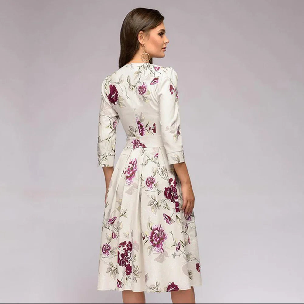 Women's Dress™ Seven-eighth Sleeve Printed A- line Ruffles Dress