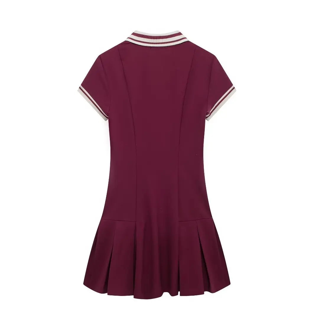 TRAFZA-Women's Burgundy Dress™ Contrasting Ribbed Lapel Buttons Classic Campus Dress